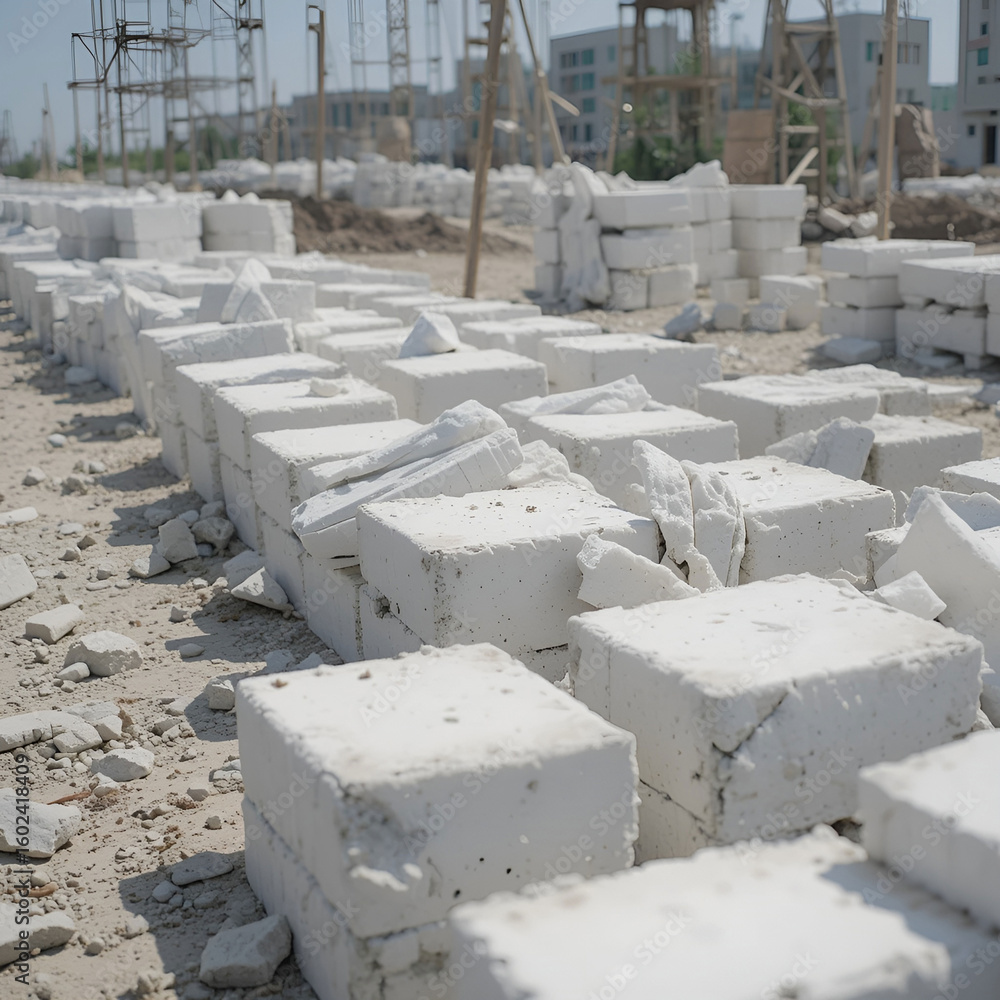 Poster white bricks are neatly arranged in a row at a construction site, symbolizing building materials, st