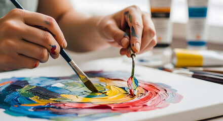 Naklejka premium Artistic Brushstrokes: A close-up shot captures the focused hands of an artist as they meticulously blend vibrant colors on a canvas. This evocative image encapsulates creativity and artistic process
