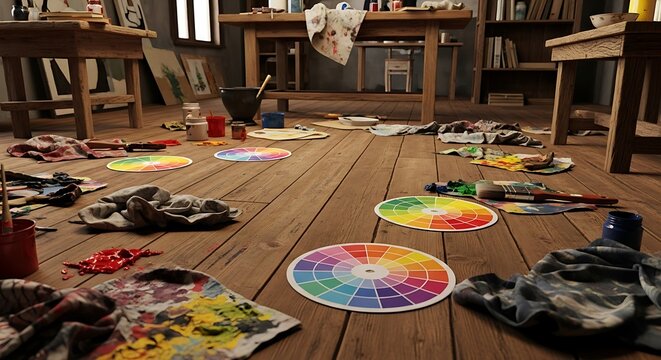 Art Studio Chaos: Paint Splatters and Color Wheels on Wood, A Creative Mess in an Artist's Workspace with Pints and Brushes