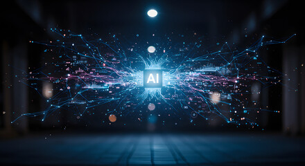 AI Core: An abstract representation of a central processing unit, showcasing the concept of artificial intelligence and machine learning with radiant lights and flowing data connections.