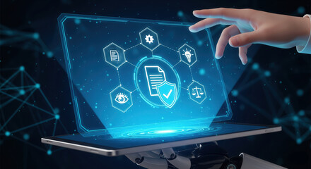 Robotic hand supports a tablet with a holographic interface, showing icons for data protection, cybersecurity, document management, and privacy in a digital network.