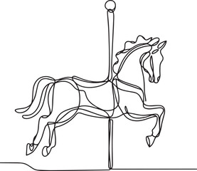 Continuous one line drawing of carousel horse in minimalist vector style, simple line art illustration of toy with editable stroke


