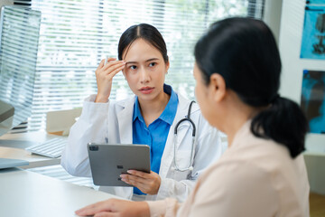 medicine,healthcare,telehealth and people on digital tech for diagnosis and people concept.Female...