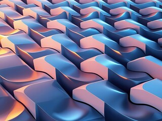 Fototapeta premium Isometric background with a 3D pattern of glowing neon blocks. Retro futuristic design with blue and pink cubes creating a synthwave or vaporwave aesthetic on a dark grid