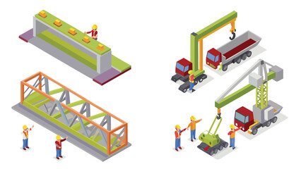 Isometric view of construction site with workers cranes trucks and structural components displayed
