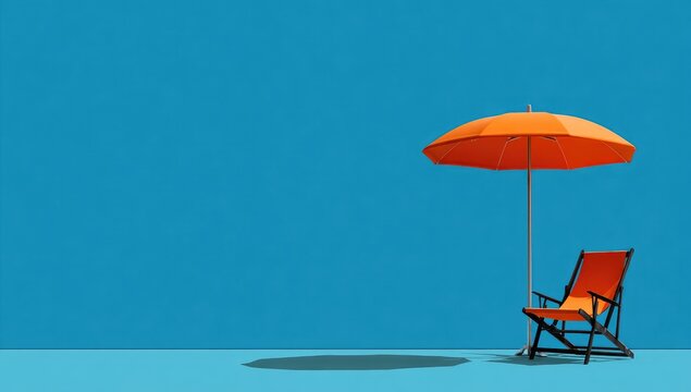 Orange beach chair and umbrella on bright blue
