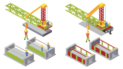 Isometric view showing crane lifting concrete structures with workers present at the construction site