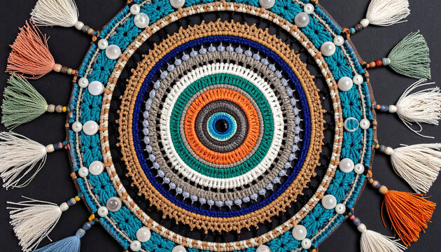 A colorful, intricately woven mandala with tassels showcases detailed craftsmanship and vibrant patterns against a dark background.