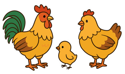 Chicken family with chick, hen, and rooster illustration set. Baby, female, and male chickens cartoon clipart in flat style. Farm animals
