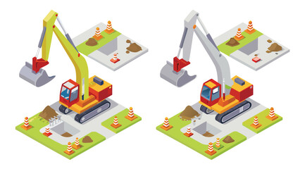Isometric view showing two excavators digging holes with traffic cones around the construction sites