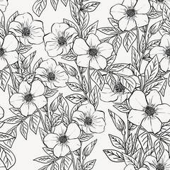 Aesthetic line art pattern background, seamless botanical black and white design