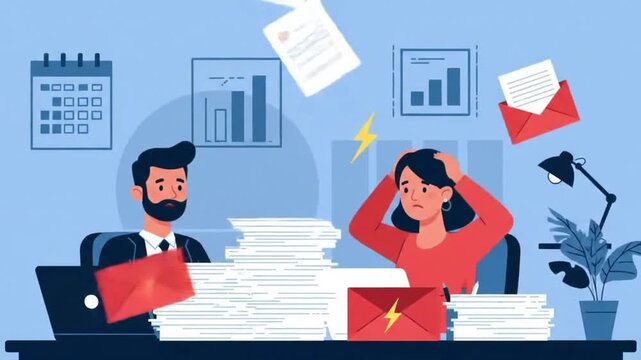 Overworked animated employees drowning in paperwork and office stress