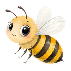 Cute Watercolor Bee Illustration with Big Eyes on Transparent Background