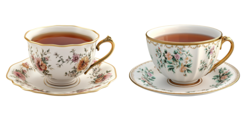 Classic ceramic tea cups with floral patterns isolated on transparent PNG image perfect for vintage tea party or decor visuals