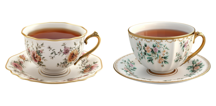 Classic ceramic tea cups with floral patterns isolated on transparent PNG image perfect for vintage tea party or decor visuals