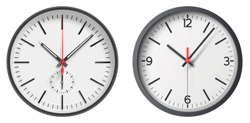 Wall clocks with modern white faces isolated on transparent PNG image perfect for office design, time-themed visuals or schedules