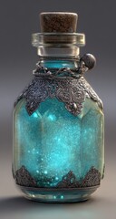 Mystical teal glass bottle with ornate silver trim
