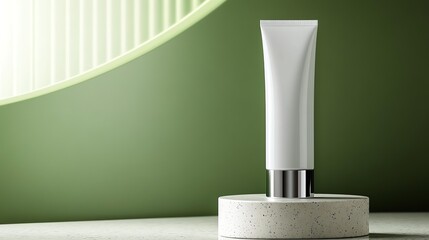 Minimalist skincare product on a green surface.