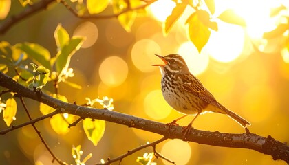 Obraz premium Sunlit song: A wood thrush serenades the dawn from its perch on a vibrant branch