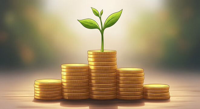 Financial Growth: A budding plant flourishing atop stacks of gold coins symbolizes the concept of financial growth, investment, and prosperity in this digitally rendered graphic.