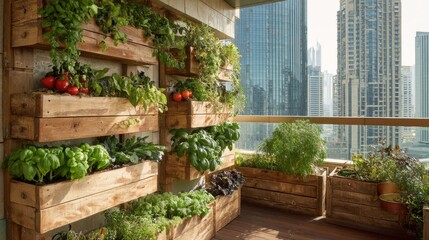 Fototapeta premium Urban balcony garden with vertical planters, wooden boxes filled with fresh vegetables and herbs, overlooking the city skyline