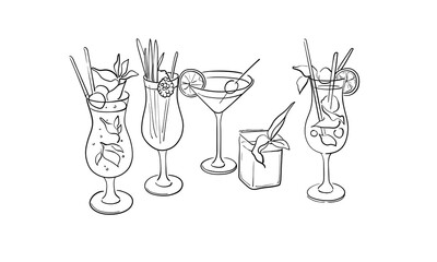 Alcoholic cocktail set glasses, continious line drawing.  Summer cocktail set outline. Vector illustration