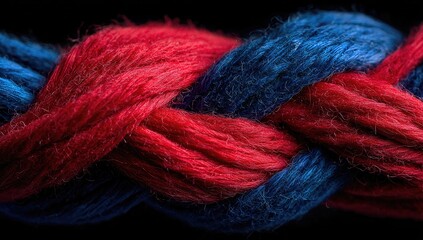 Close-up braid of red and blue yarn