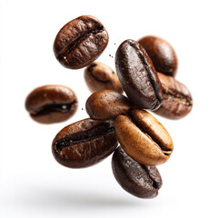 Obraz premium Mixed ground arabica and robusta coffee beans falling isolated on white background.