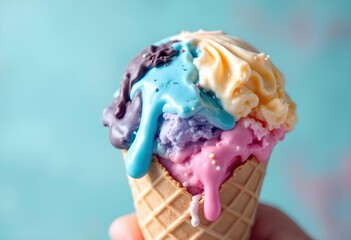Colorful melting ice cream in waffle cone