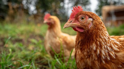 Fototapeta premium Close-up of two brown chickens roosters foraging in green grass backyard coop on sunny day, banner with copy space