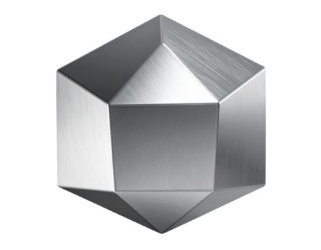 Floating metallic dodecahedron with soft lighting, isolated on a transparent background