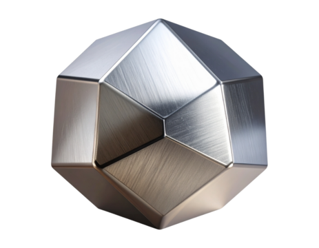 Floating metallic dodecahedron with soft lighting, isolated on a transparent background