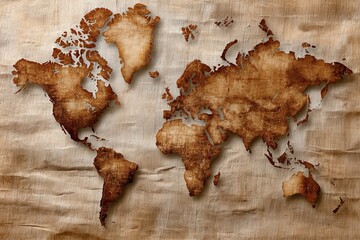 Vintage World Map Design Featuring Detailed Geographical Exploration on Aged Parchment Paper