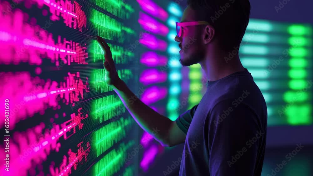 Poster colorful digital display showcases vibrant patterns and interactive technology for engaging