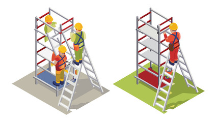 Isometric view of construction workers on scaffolding with safety gear and ladders on different surfaces