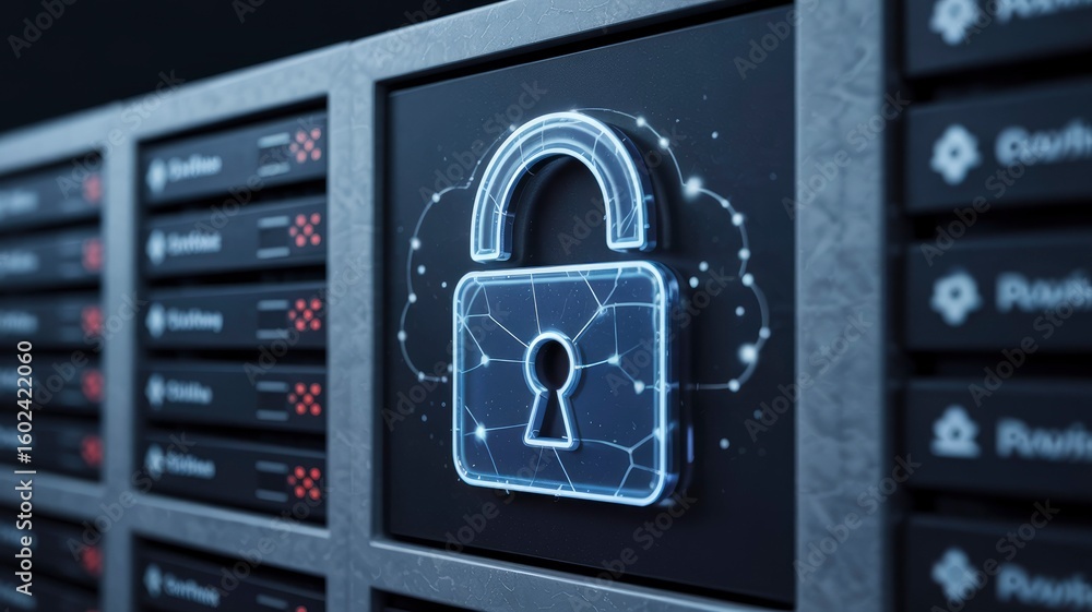 Poster cyber security data protection and network lock on server rack
