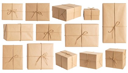 Multiple packages wrapped in brown paper with twine