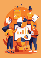 Business team collaborating on orange chart in modern workspace. Young professionals analyzing data and writing notes in matching orange outfits.

