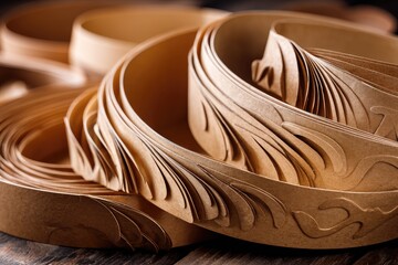 Intricately Carved Wooden Ribbons on Wooden Surface
