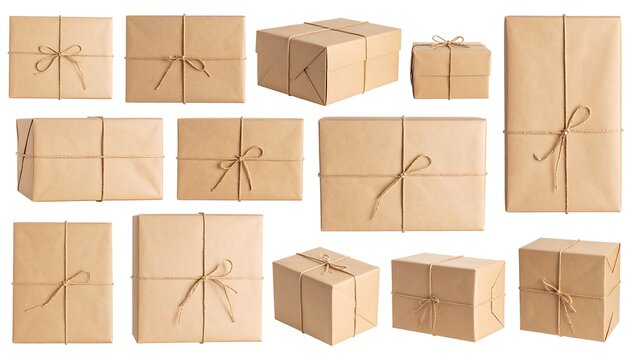 Multiple packages wrapped in brown paper with twine