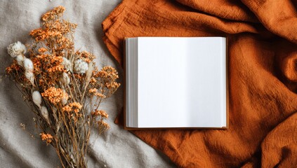 Blank book, dried flowers, orange cloth