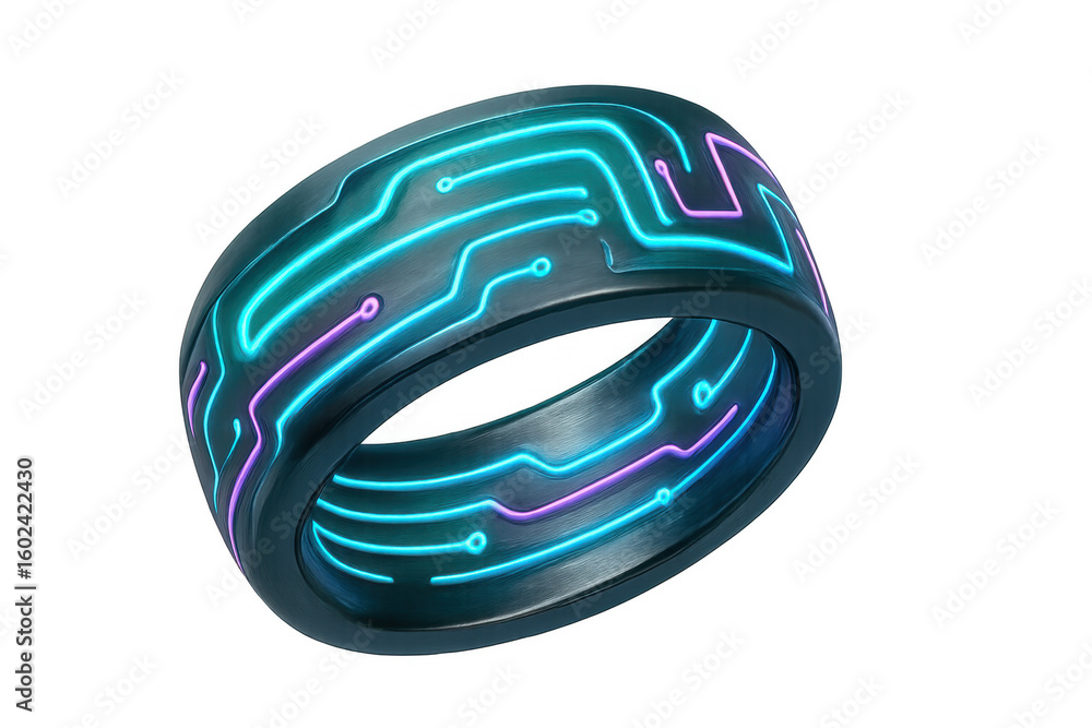 Poster metallic ring with glowing neon circuit pattern isolated on transparent background, showcasing futur