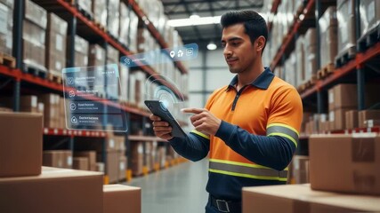 Smart logistics worker coordinating package delivery using ARenabled handheld device.