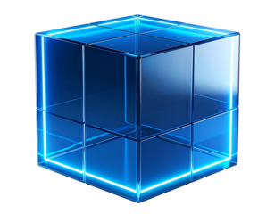 Transparent hollow cube with glowing inner edges, isolated on a transparent background