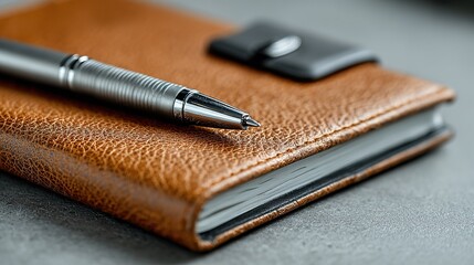 Close - up of Brown Leather Notebook and Metal Pen, Office Stationery Details