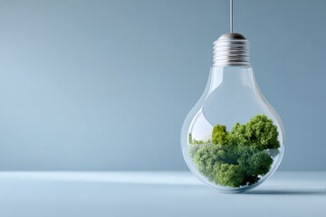 Hanging lightbulb protecting green lush forest inside glass, showing environmental conservation