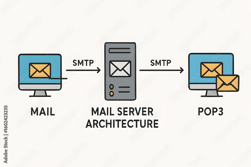 Poster mail server architecture: a simplified illustration showcasing the process of email transfer between