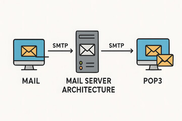 Mail Server Architecture: A simplified illustration showcasing the process of email transfer between a mail client and a mail server using protocols such as SMTP and POP3. A visual guide