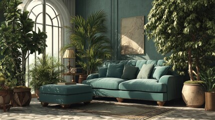 Sophisticated living room interior adorned with a stylish sofa and lush plants