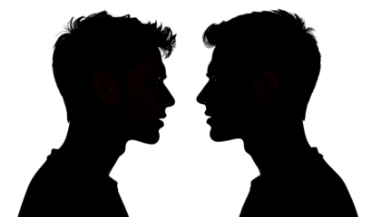 Two people silhouette face to face, showing internal conflict or dialogue, isolated on transparent background